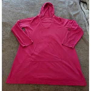 Lands End‎ Womens Pink Cotton Jersey Hooded Tunic V-Neck Kangaroo Pocket L 14-16
